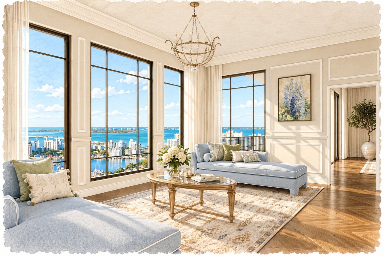 Living room with pale blue sofas and floor-to-ceiling windows overlooking water and a coastal city.