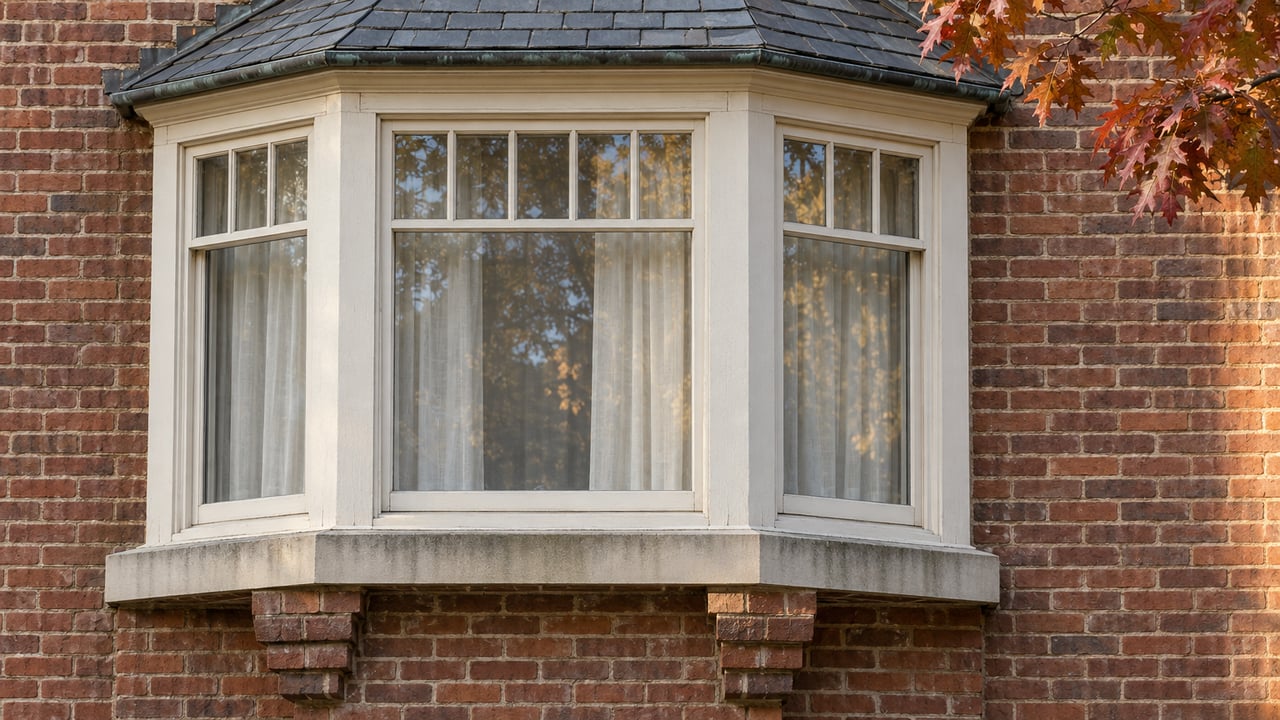Cream-painted glazed bay window in weathered russet brick, with a slate canopy, limestone sill, and bronze autumn oak leaves.