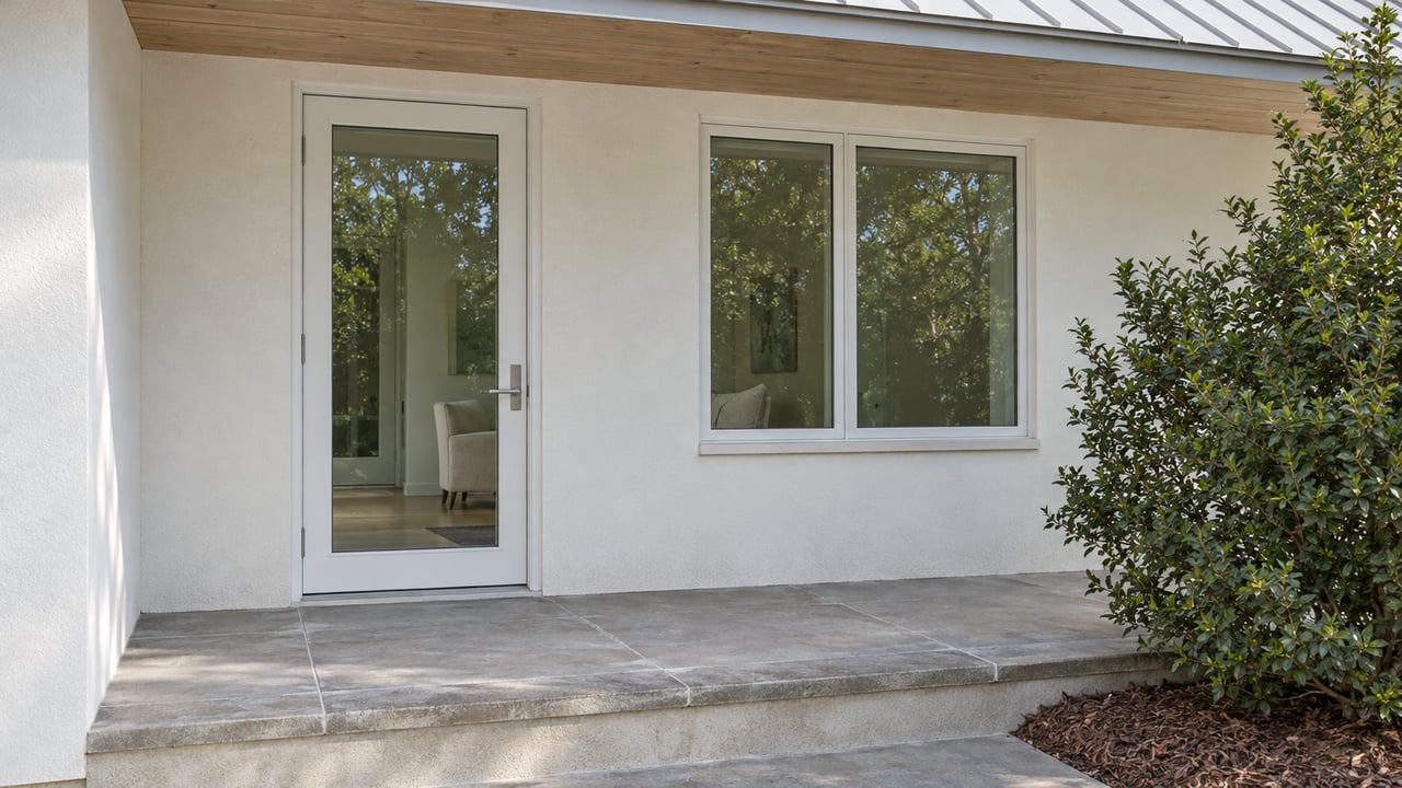 Sunlit white-stucco home entry with pale timber soffit, glazed door, broad window and raised stone landing beside a yaupon holly.