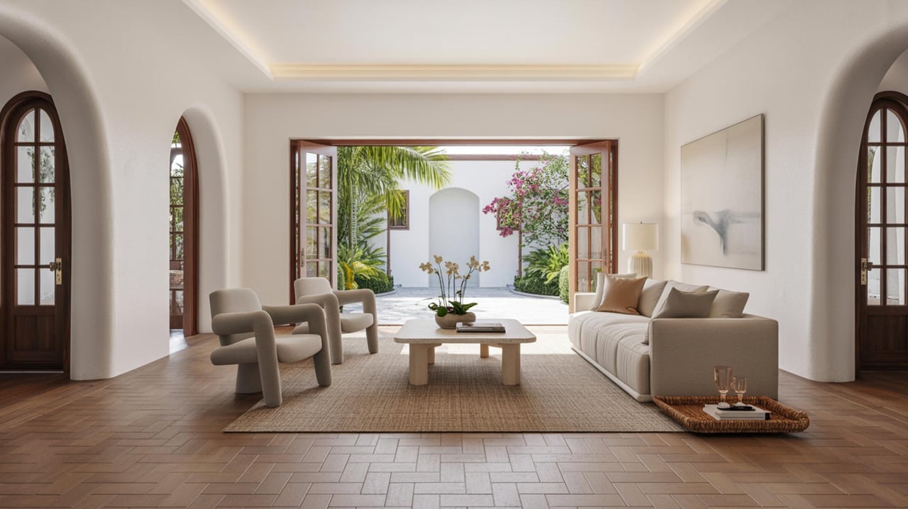 Bright living room with a beige sofa, sculptural chairs, and open doors to a lush courtyard.