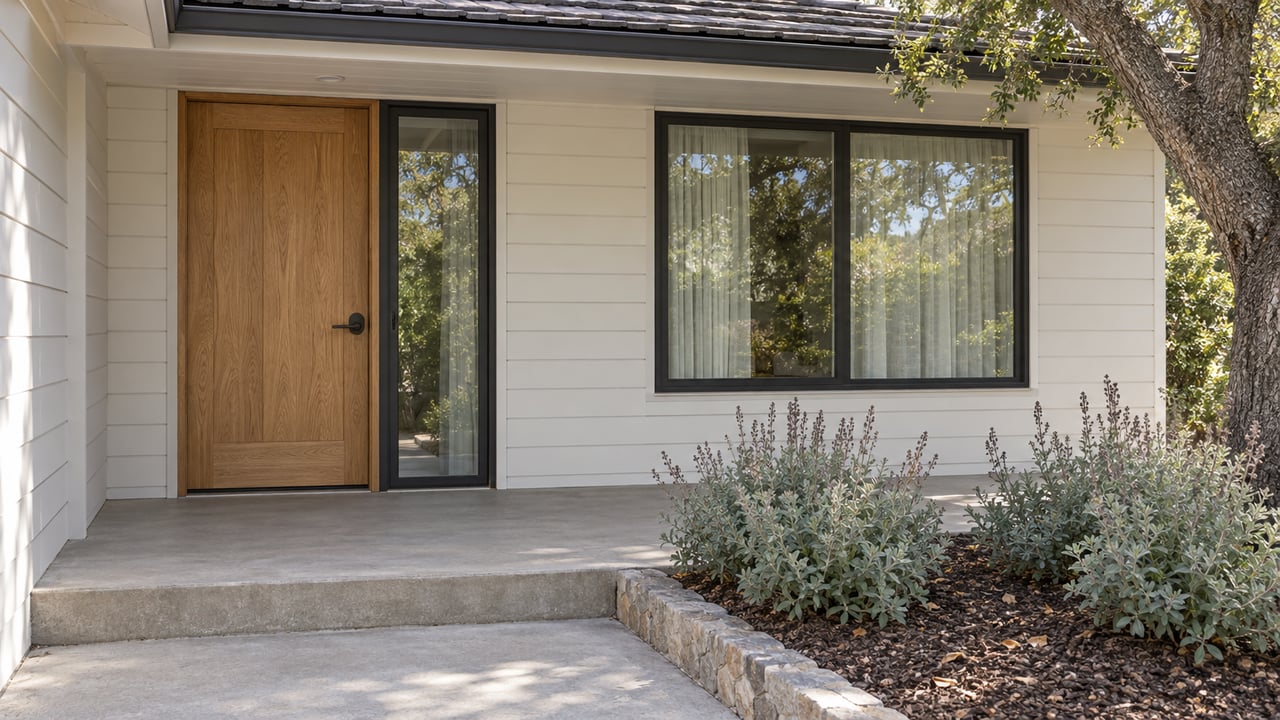 An oak front door and dark-framed windows beneath a tiled porch roof, with a concrete step and silver-leaved sage beside a live oak.
