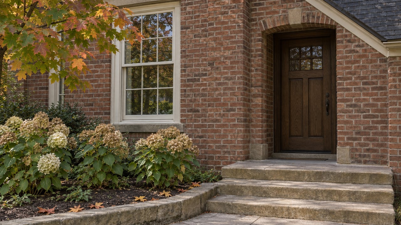 Autumn maple leaves frame a brick home's multi-pane window and recessed oak entry above weathered sandstone steps.