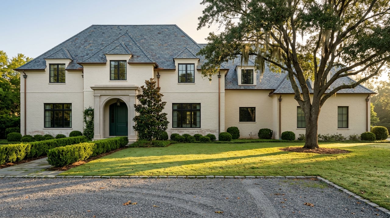 Two-story ivory brick estate with a slate roof, arched entry, deep lawn, and live oak draped with Spanish moss.