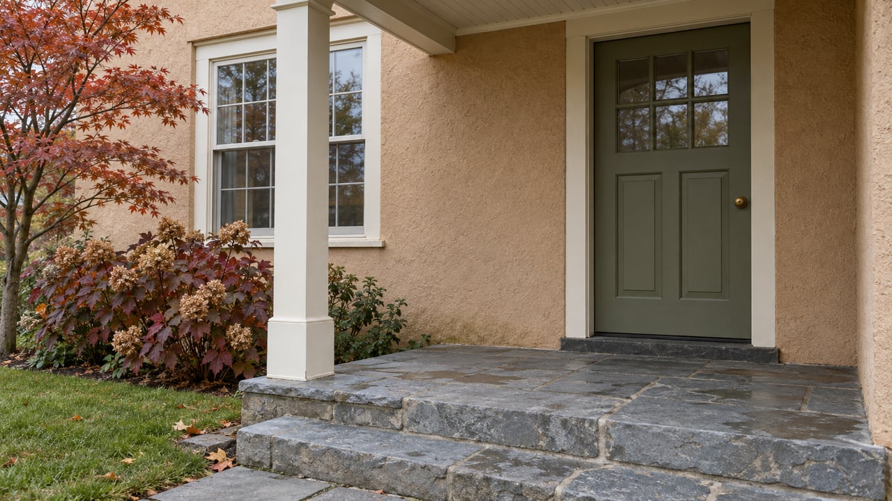 A small covered entrance with peach-tan stucco, an olive door and worn flagstone steps beside autumn foliage.