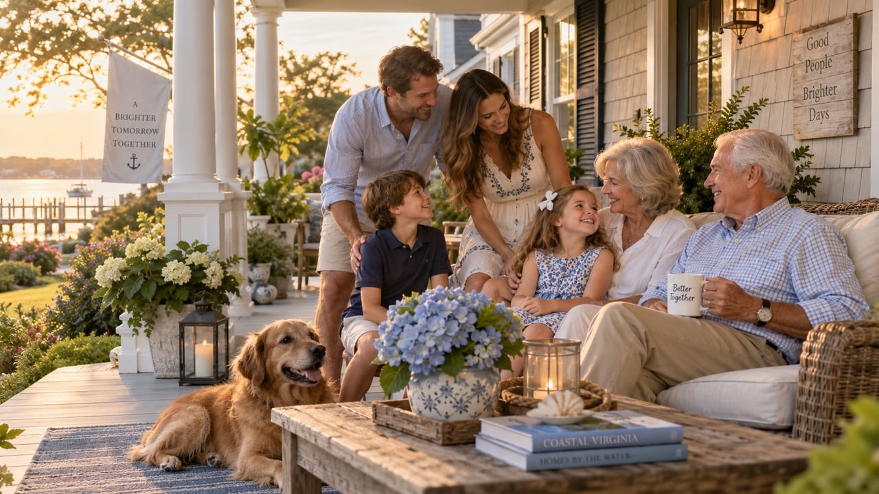 Multigenerational family and golden retriever together on a furnished coastal porch overlooking the water.