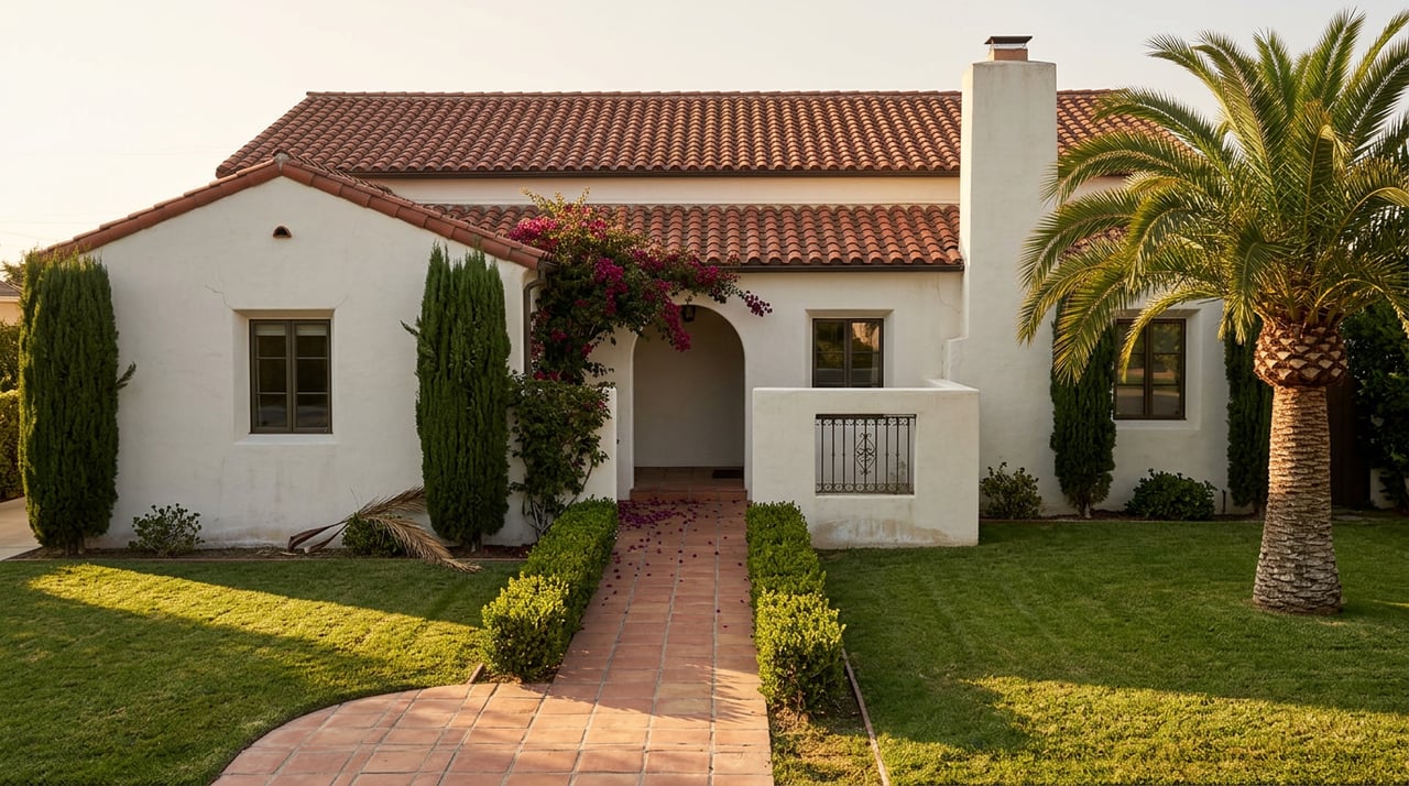Spanish Revival home with red clay roof, arched bougainvillea entry, cypress trees, and a curving tile walkway.