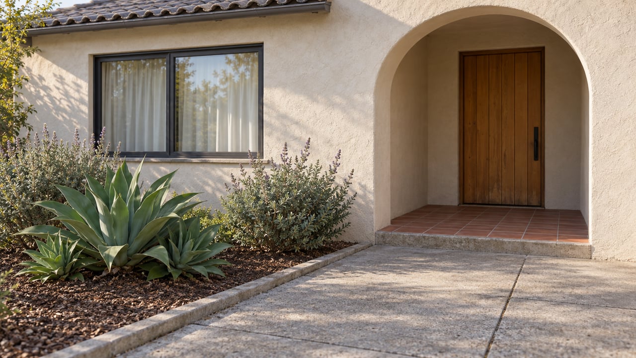 A pale plaster home entrance with a recessed arch, weathered wood door, terracotta porch tiles and sculptural drought-tolerant planting beside a concrete approach.