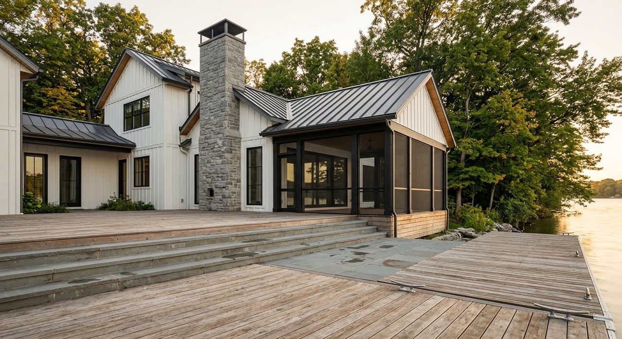 Warm-white lakeside house with screened porch, stone chimney, bluestone steps, and cedar dock beside calm water.
