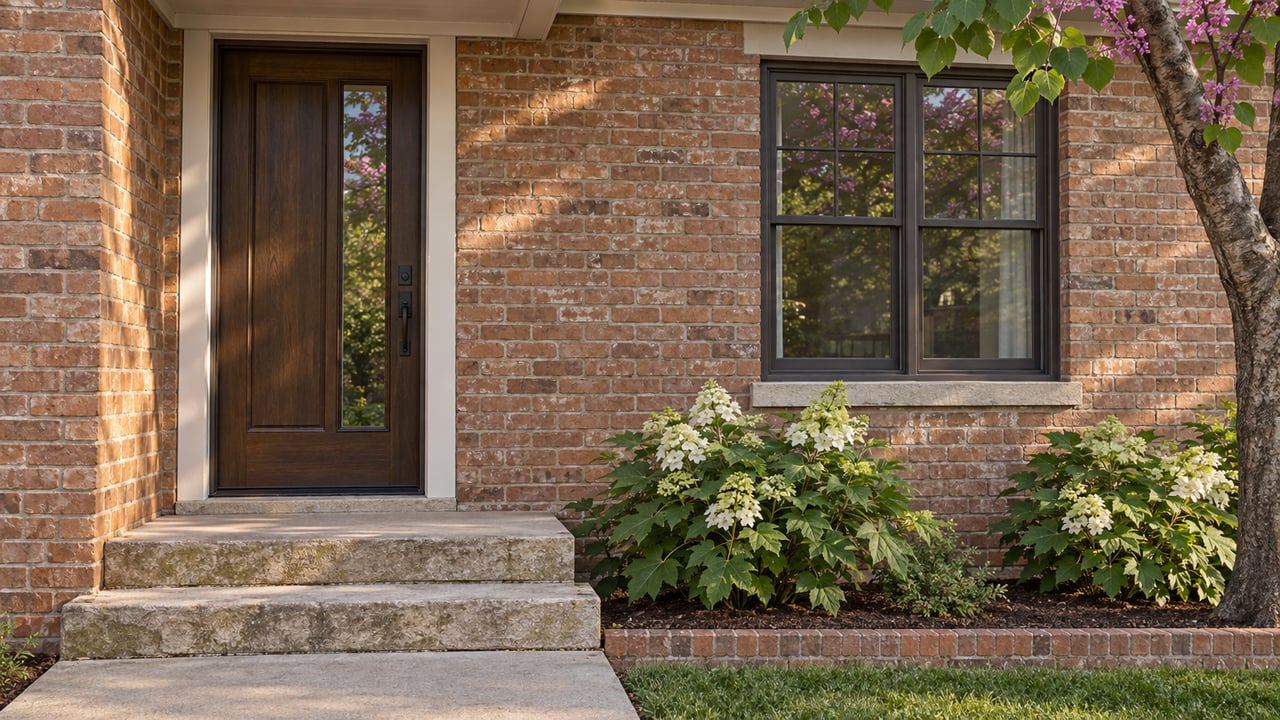 Brick house entrance with a dark oak door, double-hung window, limestone steps, and redbud leaves at the edge.