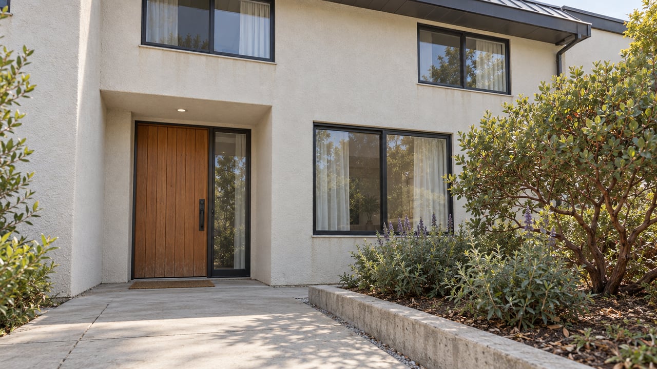 Low-angle view of a two-story stucco apartment entry with a wood door, charcoal window frames, concrete approach, and sculptural manzanita planting.