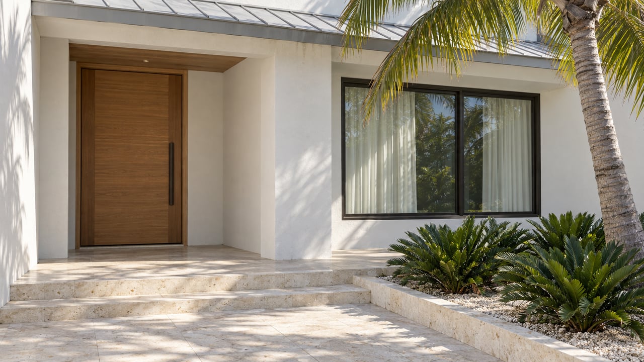 White stucco residence with a timber entry door, bronze-framed window, shell-limestone steps and a curved coconut palm.