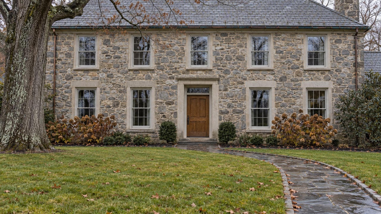 Late-fall stone home beyond a deep lawn and curved flagstone walk, with a mature bare oak and dried oakleaf hydrangeas.