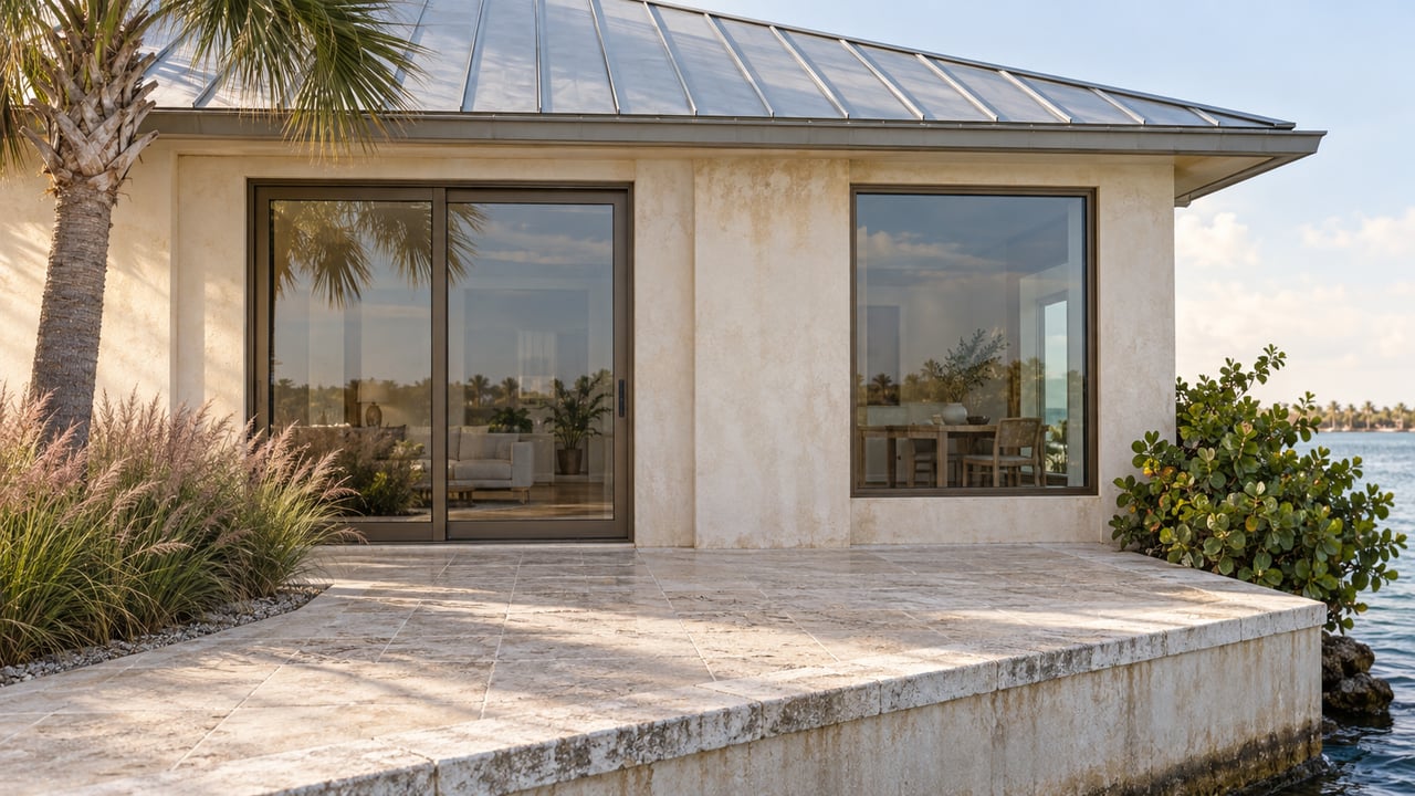 Cream stucco waterfront house with bronze-framed glass doors, a limestone terrace, and palms beside the water.