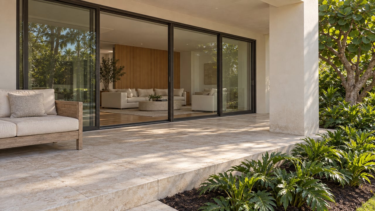 Covered limestone terrace beside closed bronze-framed glass doors, with a teak outdoor sofa and tropical planting along a raised stone edge.