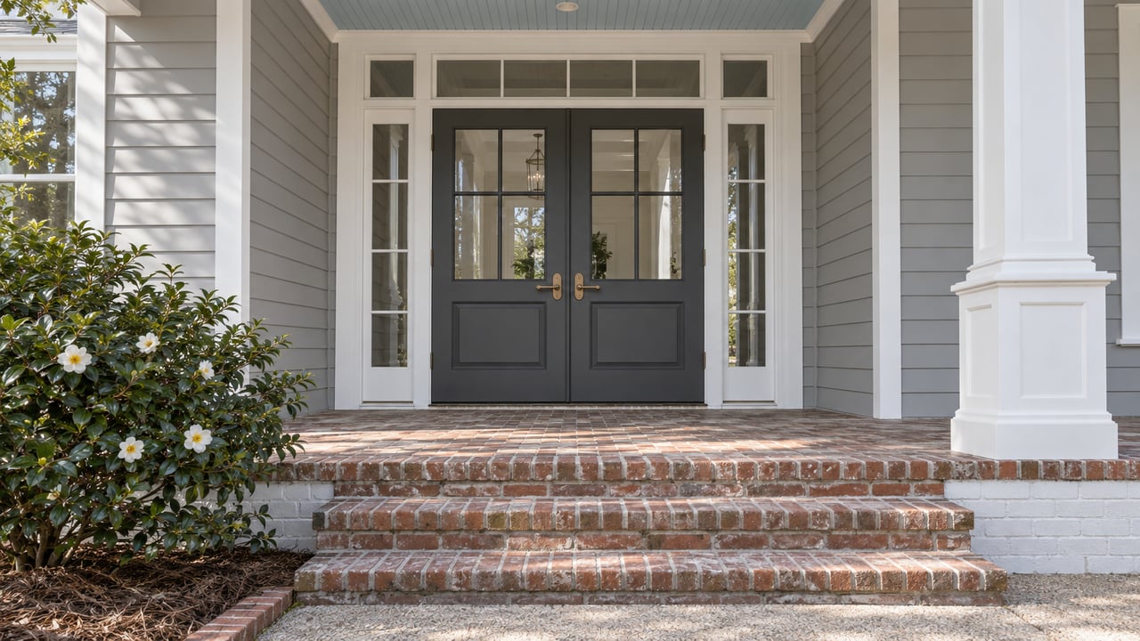 Close view of a gray-sided home's covered entrance with charcoal double doors, white trim, worn brick steps and a flowering camellia.