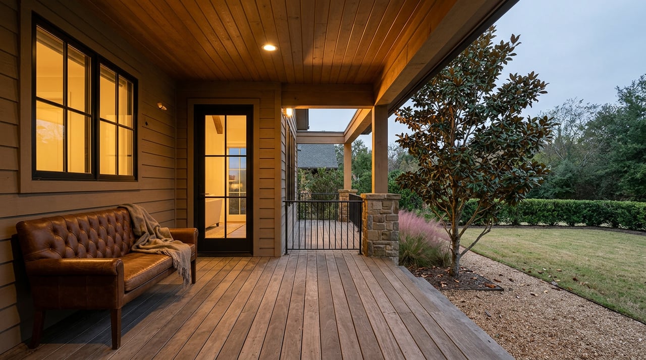 Covered lodge porch with a glowing black-framed door and window, leather bench, and gravel path at dusk.