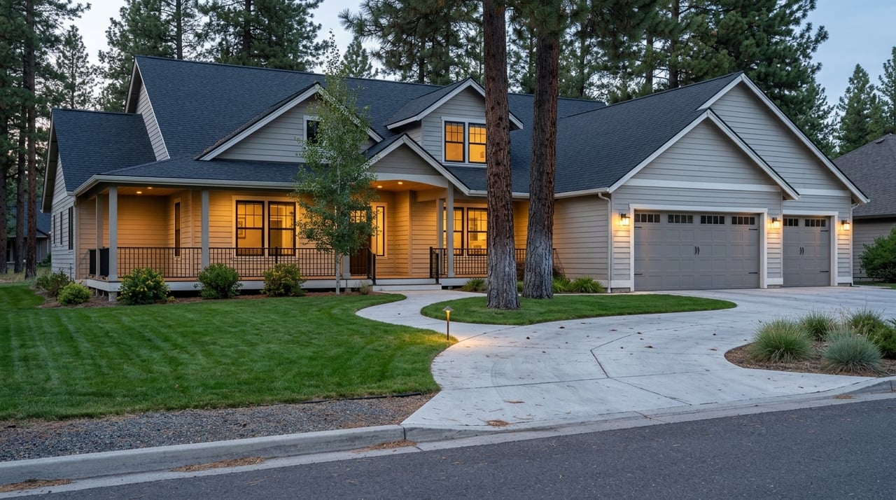 Luxury suburban home at blue hour, with warm light glowing from its windows.
