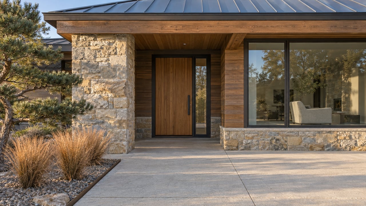 Covered entry of a contemporary home with sandstone masonry, cedar siding, bronze-framed glass and autumn grasses beside a concrete approach.