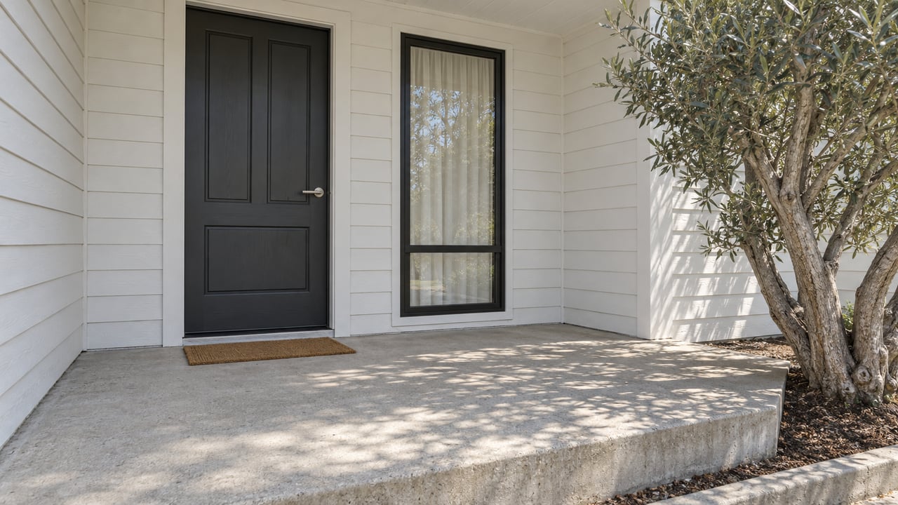 Sunlit covered entry with white wood siding, a charcoal front door, concrete porch and a sculptural olive tree.