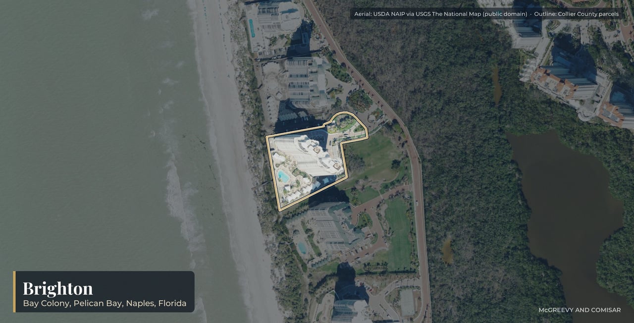 Aerial view of Brighton at Bay Colony, Naples, Florida, with its parcels outlined