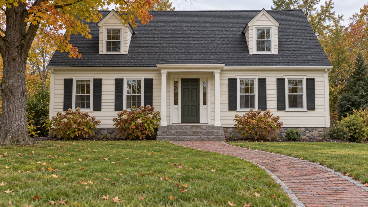 Ivory clapboard home with two dormers, an olive front door, granite steps and a brick path across an autumn lawn beneath a mature maple.