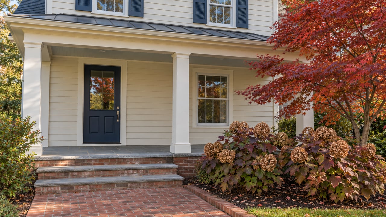 Ivory clapboard home with a blue entry door, gray stone porch steps and red-orange Japanese maple foliage.