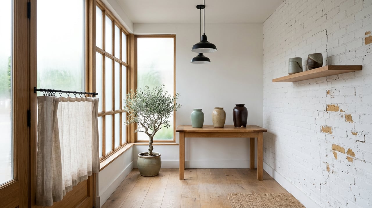 Small gallery storefront with ceramic vessels on an oak table, a potted olive tree, and tall divided-pane windows.