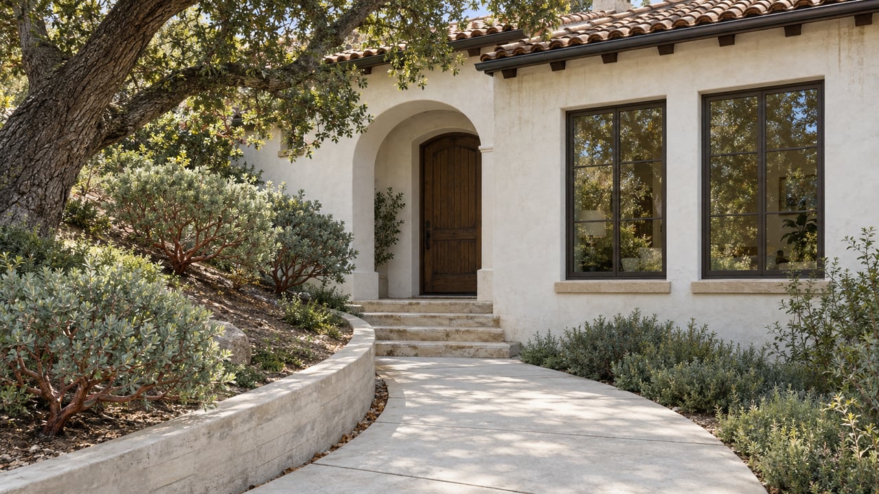 Off-white stucco home with an arched oak-door entry, clay-tile roof, curving walk, and oak canopy.