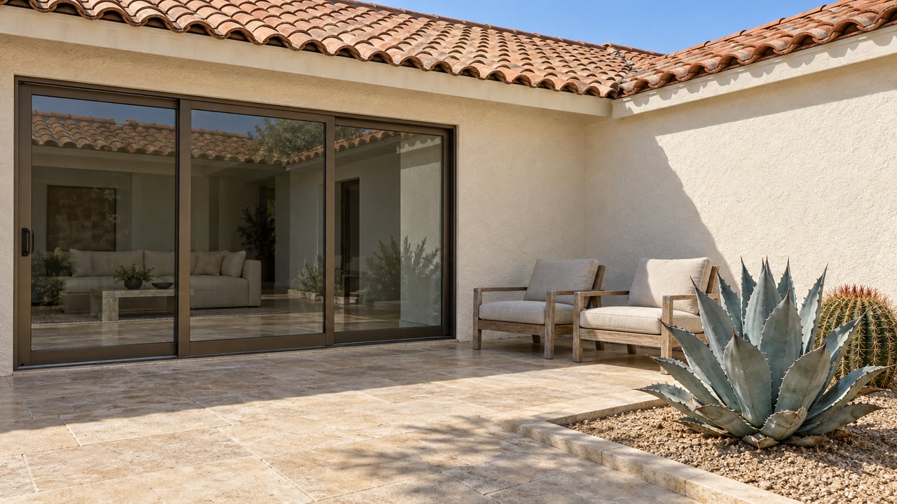 Sunlit cream-stucco courtyard home with weathered terracotta roof tiles, bronze-framed glass doors, teak chairs and a stone-bordered agave bed.