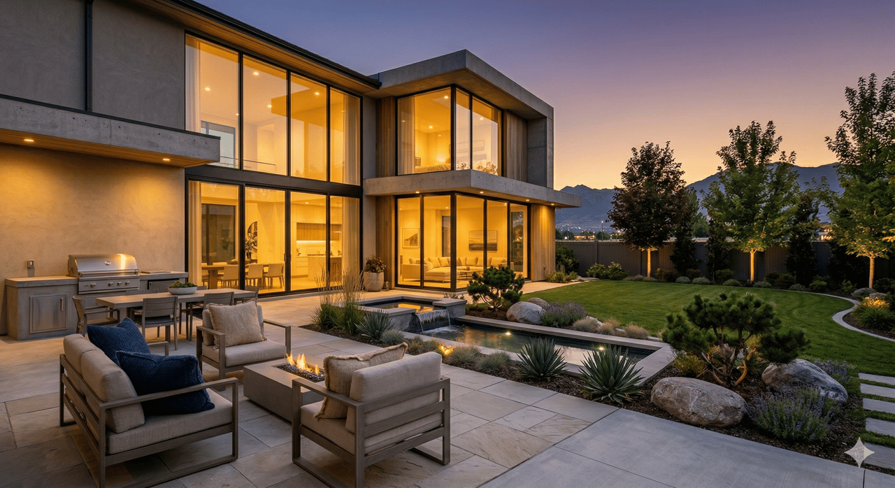 Modern luxury home backyard