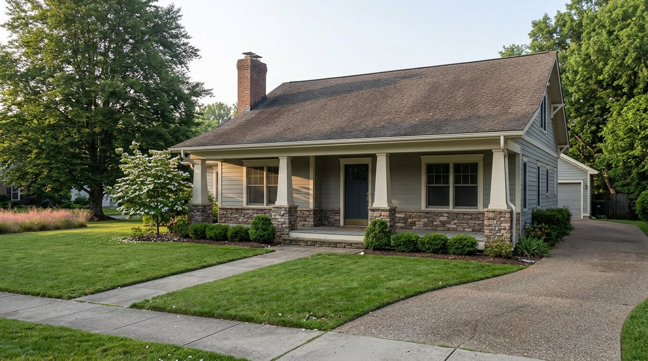 Gray Craftsman-style home with stone porch columns, a deep lawn, curving driveway, and mature trees.