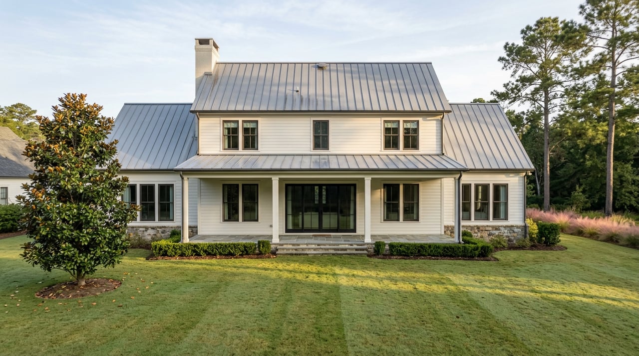 Two-story warm-white home with a covered stone terrace, broad lawn, magnolia, and tall pines.