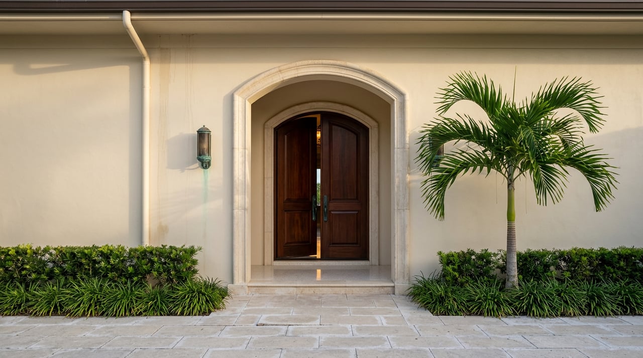 Recessed stucco loggia with a partially open mahogany double door, limestone surround, and bronze sconce beside a palm.