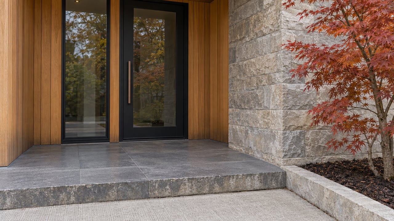 Recessed glazed residential entry with warm wood siding, limestone walls, a basalt step and russet Japanese maple leaves.