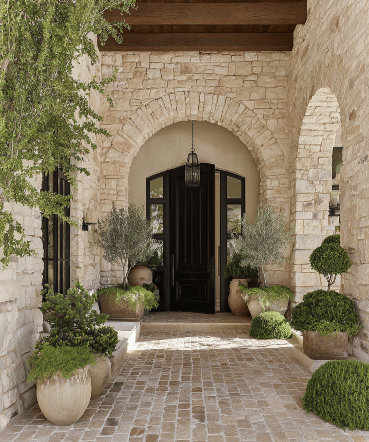 Stone home entry with a dark wood door, arched masonry, and potted greenery.