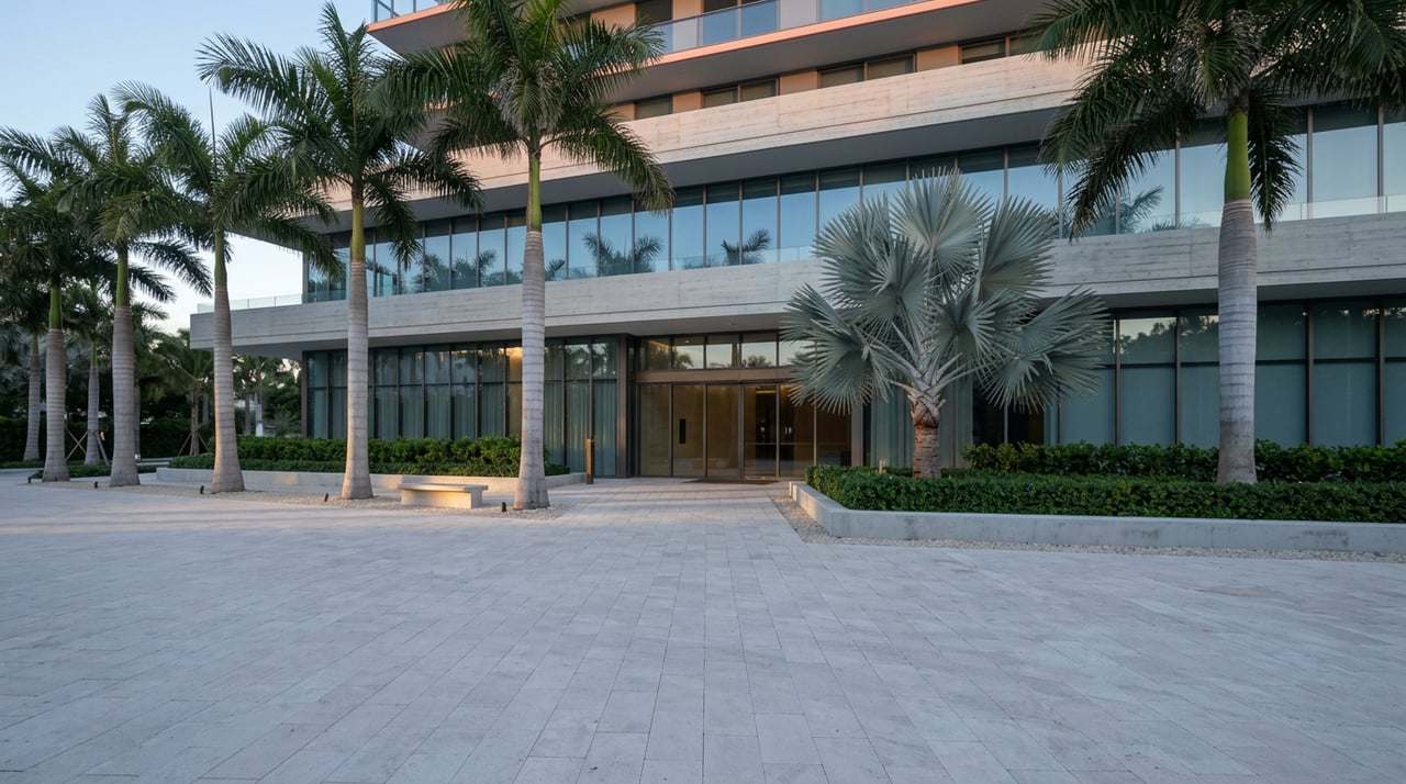 Glass-fronted residential tower overlooks a pale-paved plaza with ringed palms and a silver-blue fan palm.