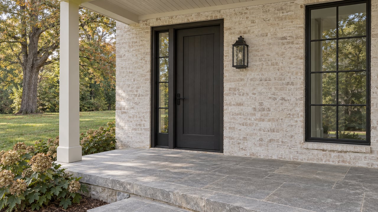 Covered porch with limewashed brick, a dark wood front door, black-grid window and limestone landing beside oakleaf hydrangeas.