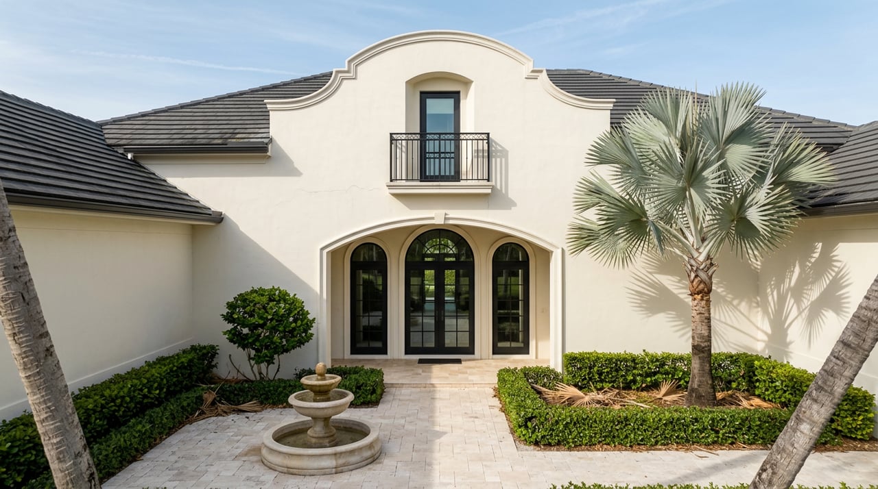 Arched stucco courtyard entry with black French doors, a cast-stone fountain, and silver-blue palm fronds.