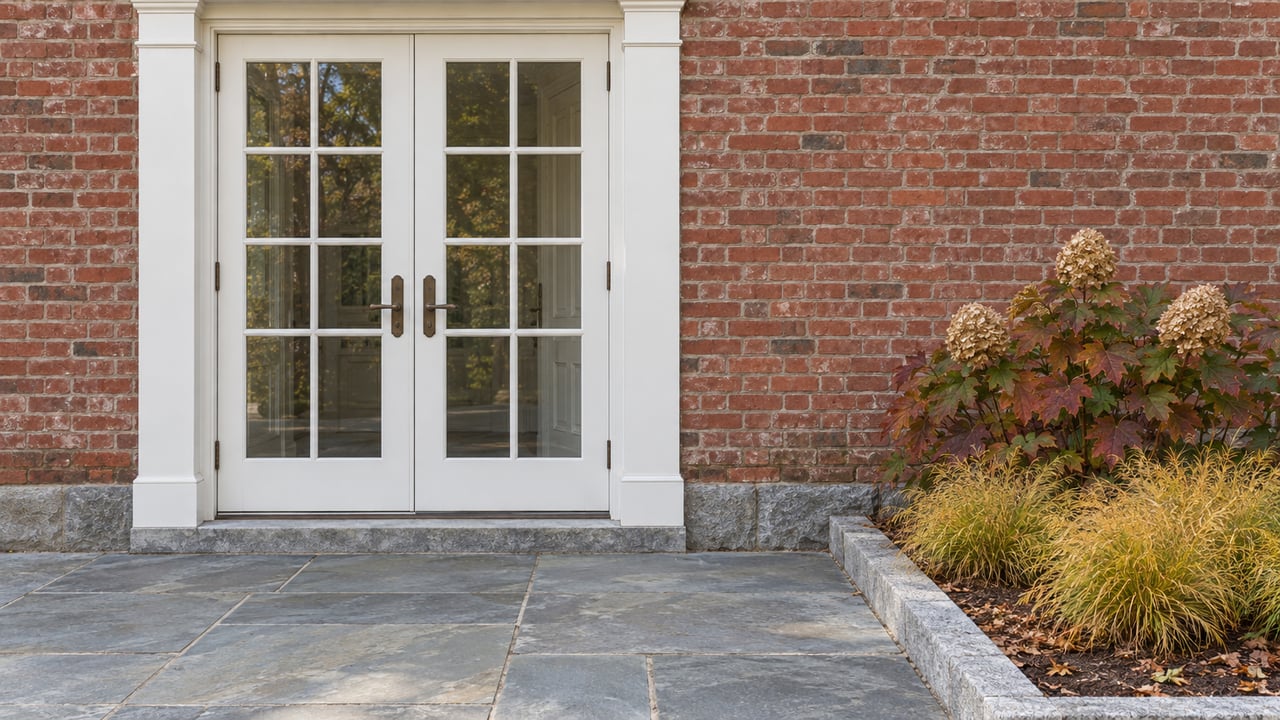 Paired white glazed doors in weathered red brick above a blue-gray stone terrace, beside russet oakleaf hydrangea and golden threadleaf bluestar.