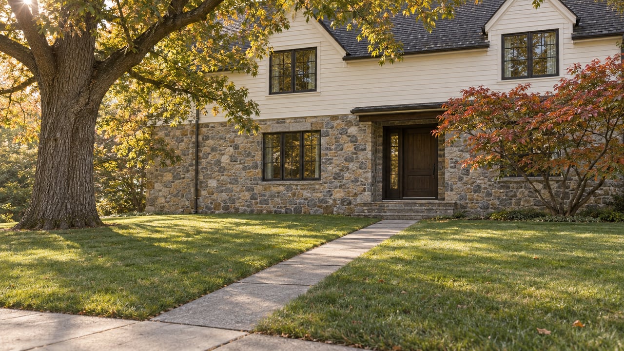 Two-story stone-and-ivory house behind a broad lawn, with an oak tree and concrete walkway.