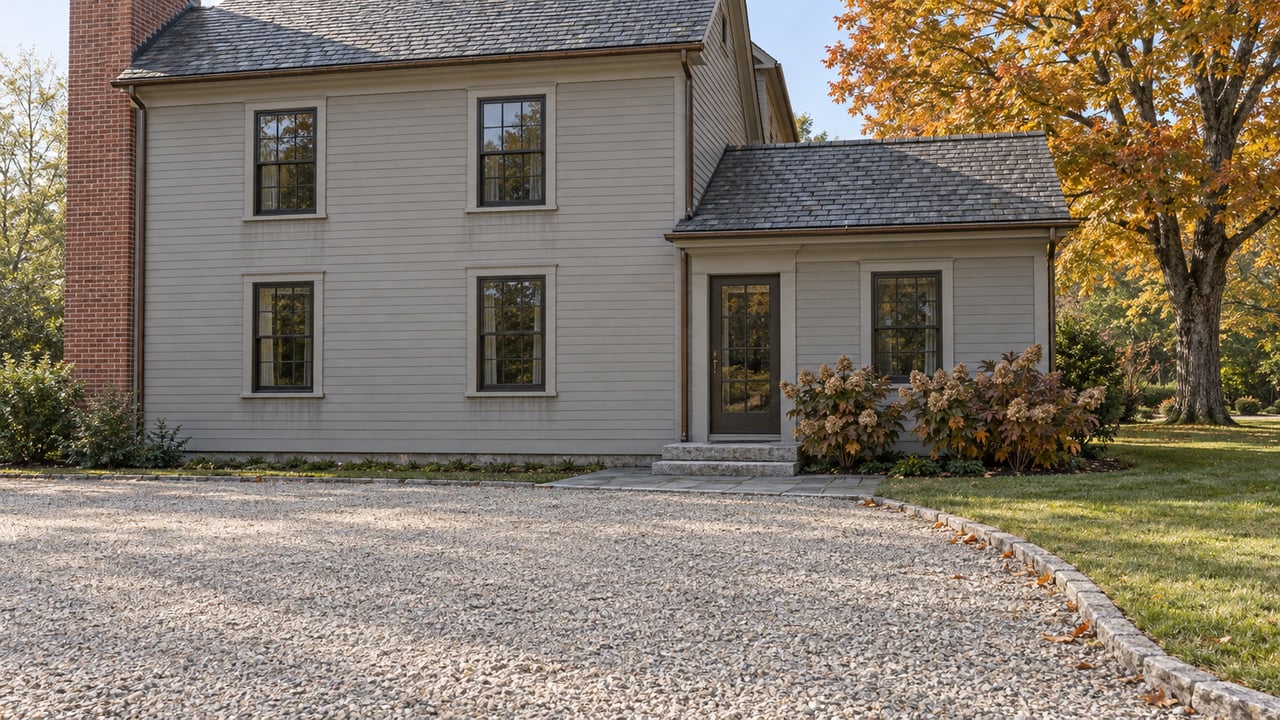 Autumn light on a gray clapboard house with slate roofs, granite entry steps, and a gravel court beside an amber sugar maple.