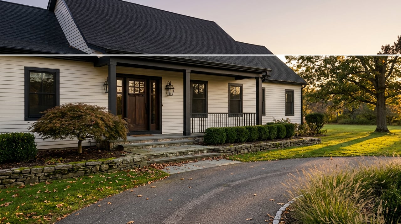 Large clapboard home with a dark gabled roof, glazed entry, stone steps, and a Japanese maple beside the lawn.
