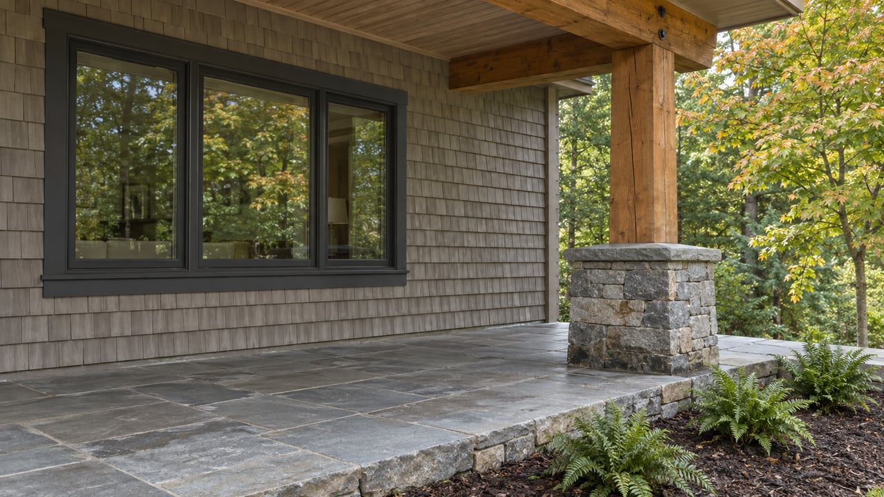 Timber porch corner with gray cedar shingles, broad glazed windows, stacked stone and an amber-tipped maple beside a fern bed.