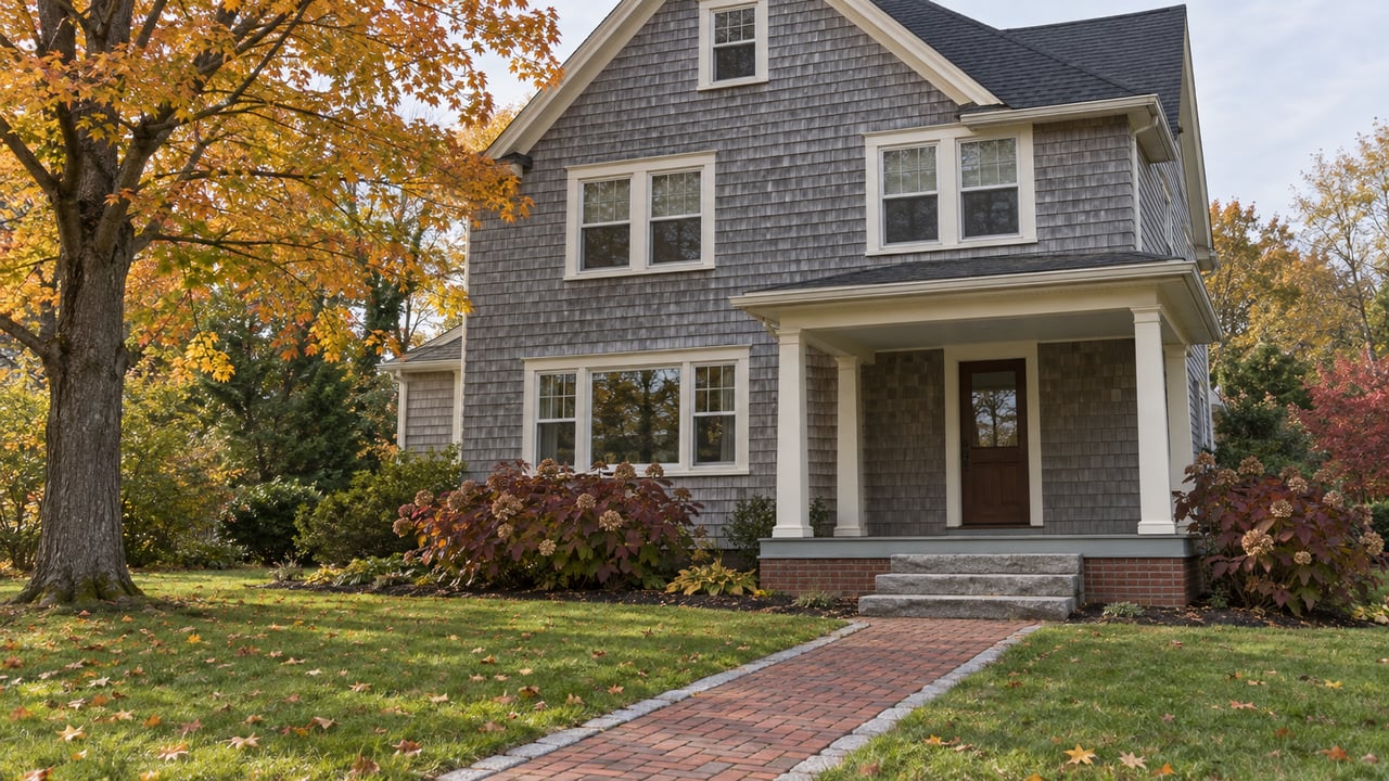 Gray shingle home with cream window trim, a covered porch, granite steps and a brick walk across an autumn lawn.
