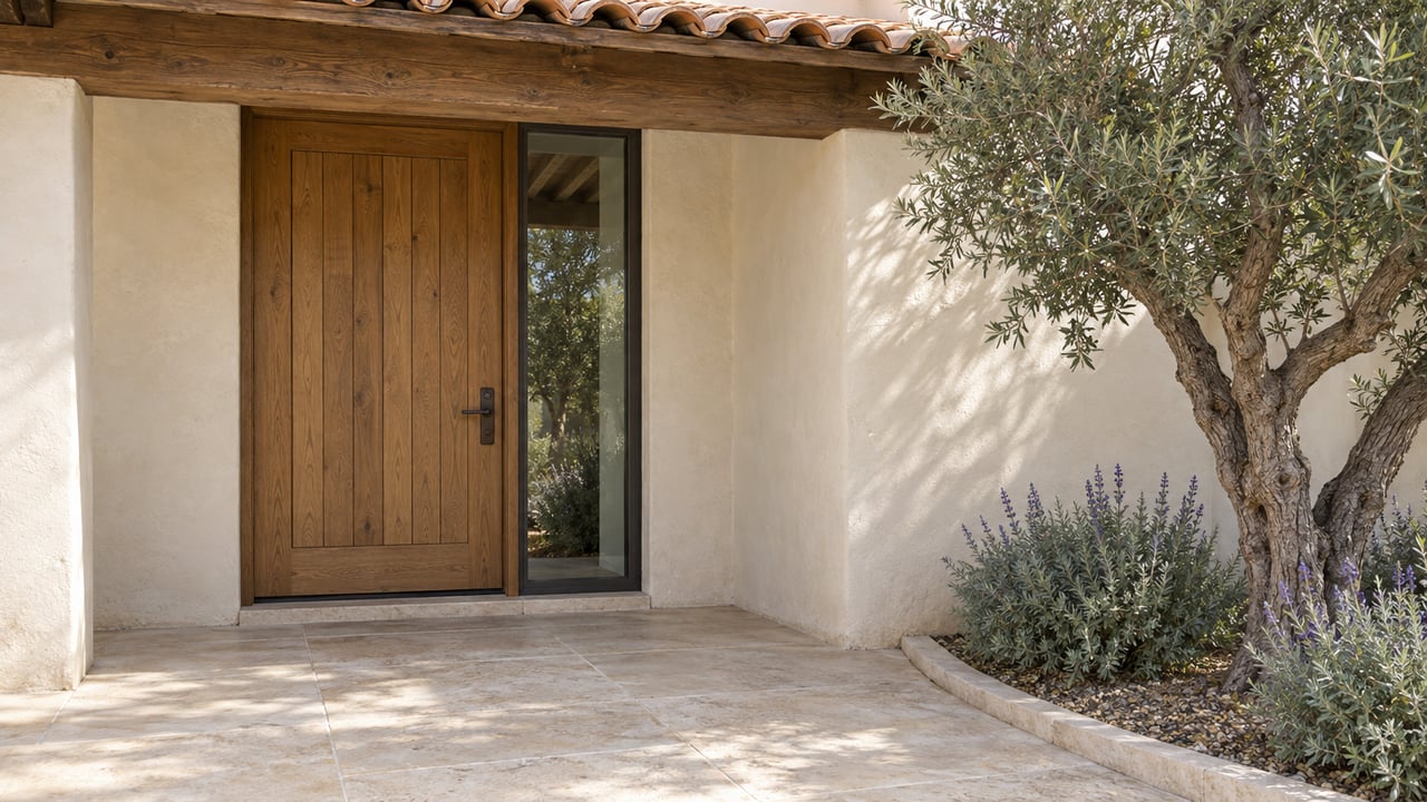 Oak entrance door beneath a clay-tile porch, with cream stucco, limestone paving and a sculptural olive tree.