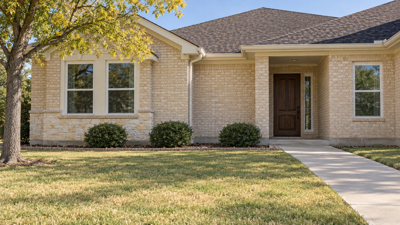 Cream brick single-story home with layered gables, a broad autumn lawn and a yellowing honey locust tree.