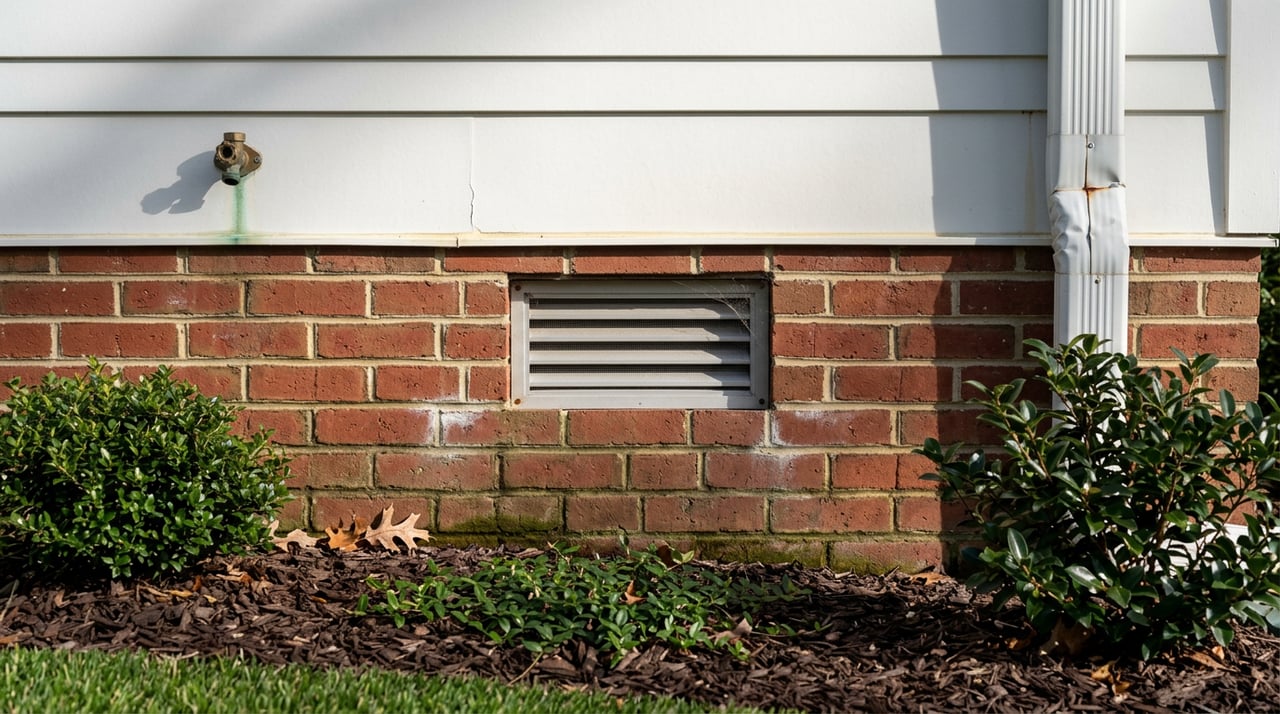 Red brick foundation pier with a louvered crawlspace vent beneath white siding, bordered by mulch and shrubs.