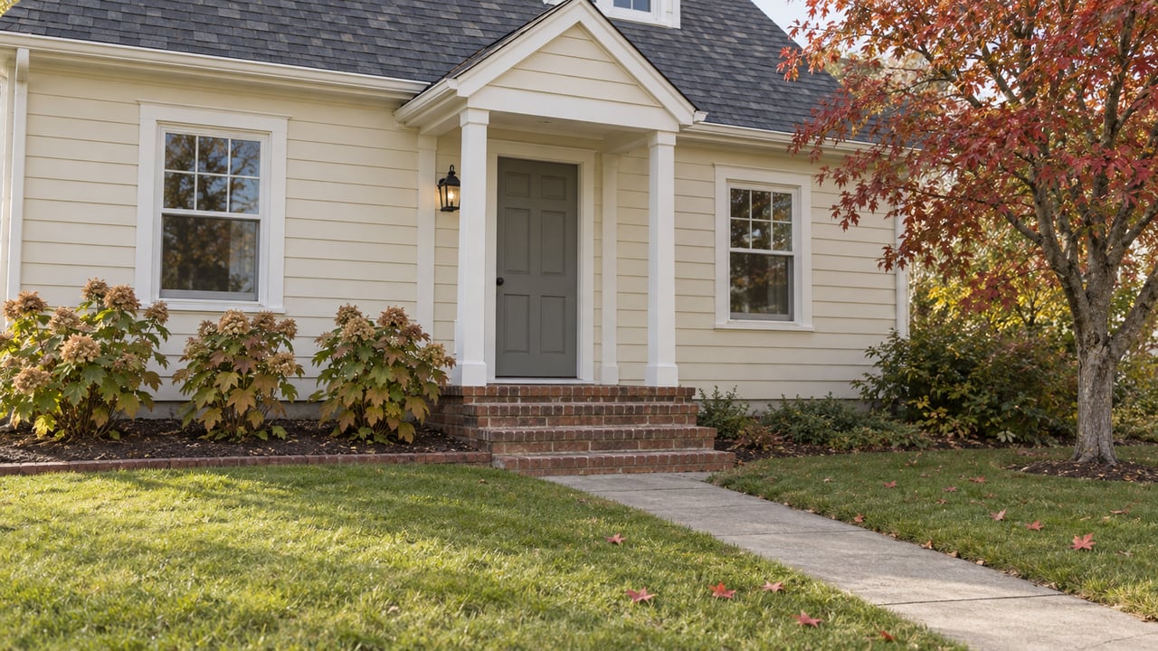 Light-sided gabled house with a brick entry, a diagonal concrete walk and a dogwood showing early autumn color.