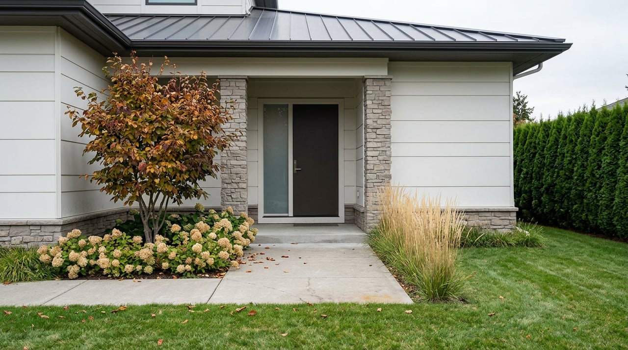 Contemporary home entrance with a dark bronze door, stone portico, and a fall-colored tree beside the walkway.