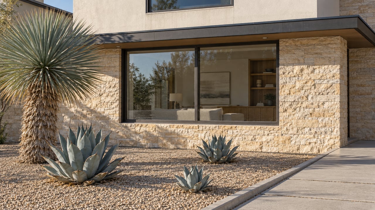 Winter morning light on a contemporary stucco and limestone home, with a deep gravel garden, sculptural yucca and three agaves.